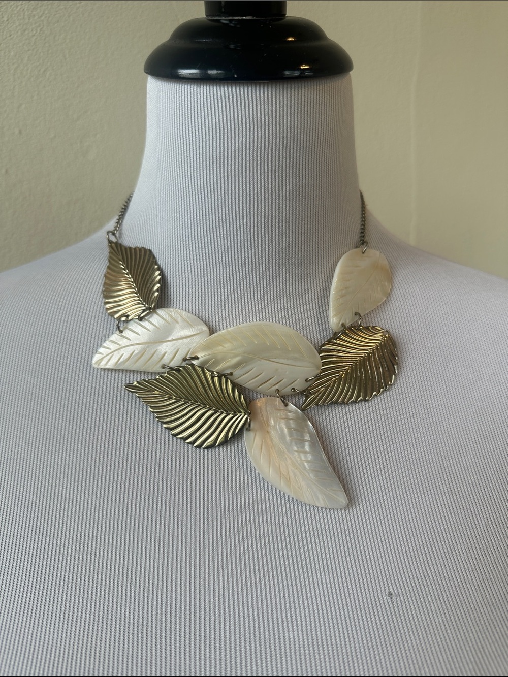 Tropical Gold and Cream Palm Leaf Cluster Statement Necklace